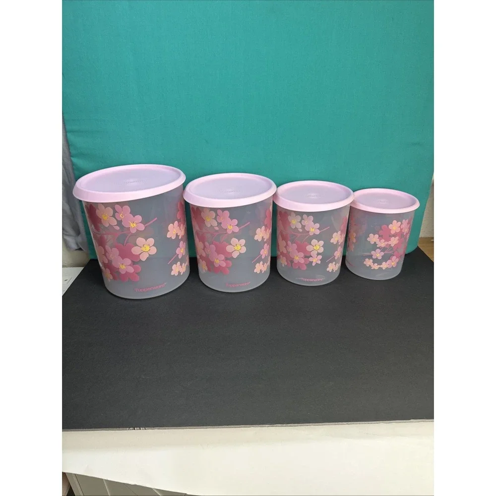 Tupperware One Touch Canister Set 4 Pink Flower Clear Blossom Flowers Floral